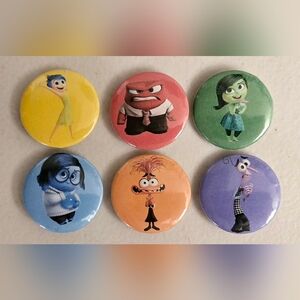 Inside Out- Set of 6- 1 inch button pins- new